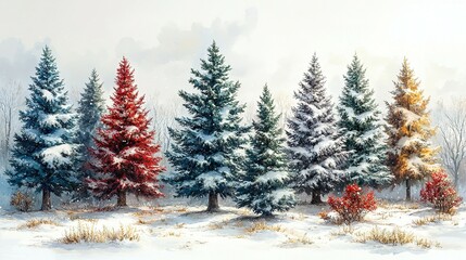 Obraz premium Winter Wonderland: A Beautiful Collection of Christmas Trees Adorned with Snow