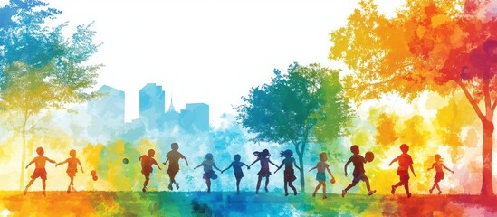 Silhouettes of children playing in a park with a city skyline in the background. The image is painted in a watercolor style with vibrant colors.