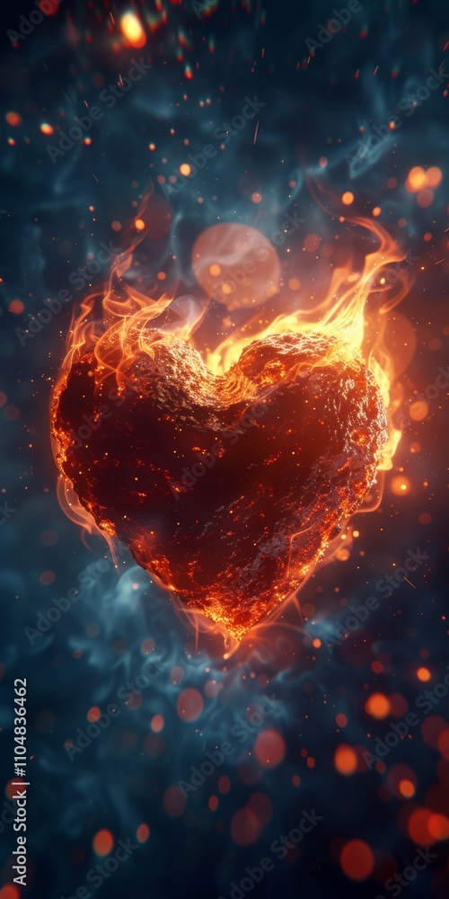 Aufkleber visual representation of a heart engulfed in flames, symbolizing intense emotions and passion, set a
