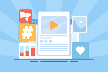 Social Media Marketing Concept, modern digital marketing, Advertising campaigns and online promotions in mobile applications, advertising content in social networks. Flat Vector Illustration.