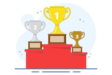 Concept of winner podium with trophies. Prizes for champions. Gold, silver and bronze cups. Winners with awards. About business success, awards, career, successful projects and competitions.