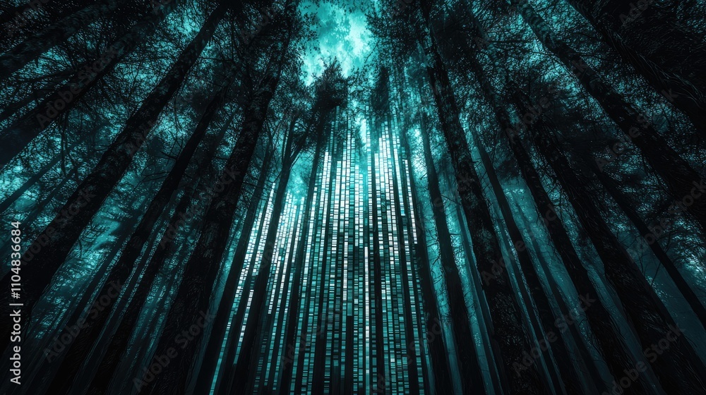 Aufkleber a captivating view of towering trees reaching towards a mystical blue light in a serene forest, crea