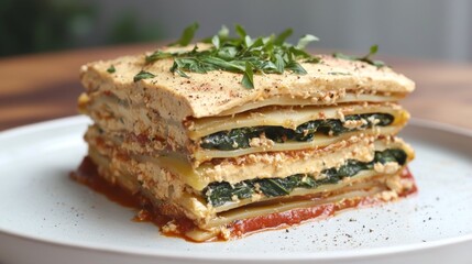Delicious Vegan Lasagna with Plant-Based Cheese, Spinach, and Marinara Sauce, Garnished with Fresh Herbs on Plate