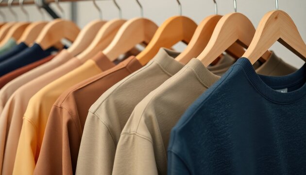 a close-up of a clothing rack with t-shirts in different earth tones, organized by color and hanging on wooden hangers.