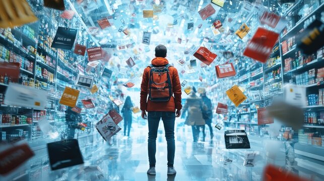 A person stands in a vibrant store, surrounded by floating product advertisements, creating a surreal shopping experience.