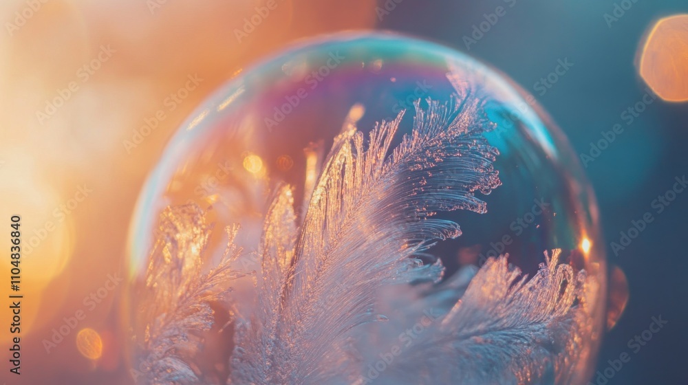 Aufkleber a close-up of a frozen soap bubble showcasing intricate ice crystal patterns and colorful reflection