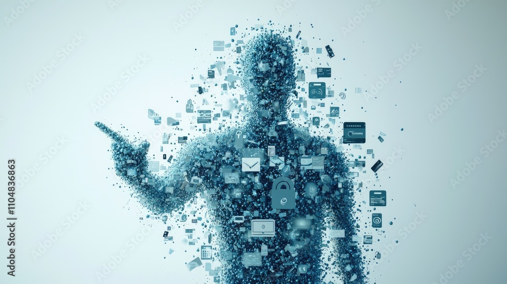 Poster a digital silhouette formed by floating data elements, symbolizing the intersection of technology an