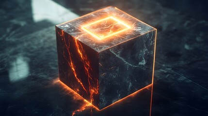 Futuristic glowing cube with marble texture.