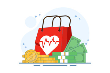 Naklejka premium medicine and money concept, flat cartoon money stack with medical or pharmacy bag, expensive medical care, big expenses for prescription drugs. flat vector illustration on background