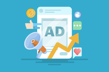 Social media advertising concept, Running social media ads to get more traffic, conversions and sales. online management or advertising. flat vector illustration on background with icons.