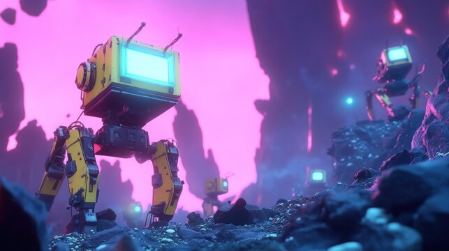 A futuristic scene with robotic figures exploring a vibrant, alien landscape.