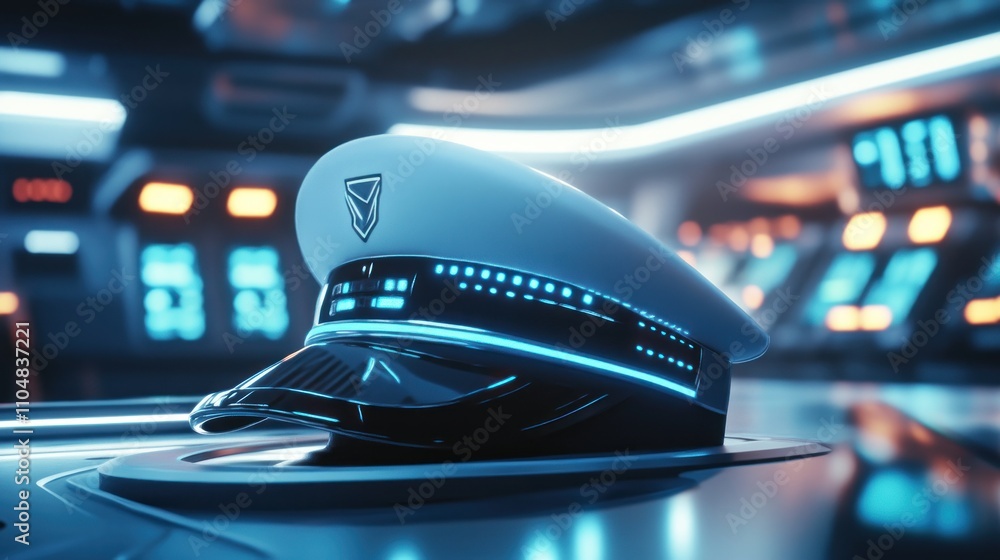 Poster a futuristic cap with glowing elements, set in a high-tech environment.