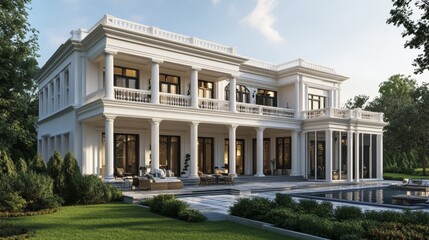 Fototapeta premium Grand White Mansion with Pool and Columns - Elegant architecture, luxury home, classic design, spacious estate, outdoor pool.