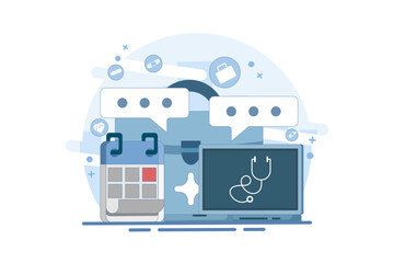 Online health telemedicine concept. Online medical consultation and healthcare services via internet clinic mobile application connected to computer. Online doctor consultation. Vector illustration.