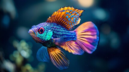 Fototapeta premium Iridescent Peacock Fish Reflects Moonlight with Its Glowing Tail 