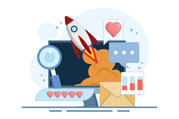 Startup business concept, new business launch, Startup business email, Social media, SEO analysis. Easy startup strategies, creative projects to start a business. Vector illustration.