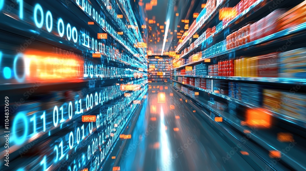 Poster a futuristic data warehouse with glowing binary code and organized shelves, representing the digital