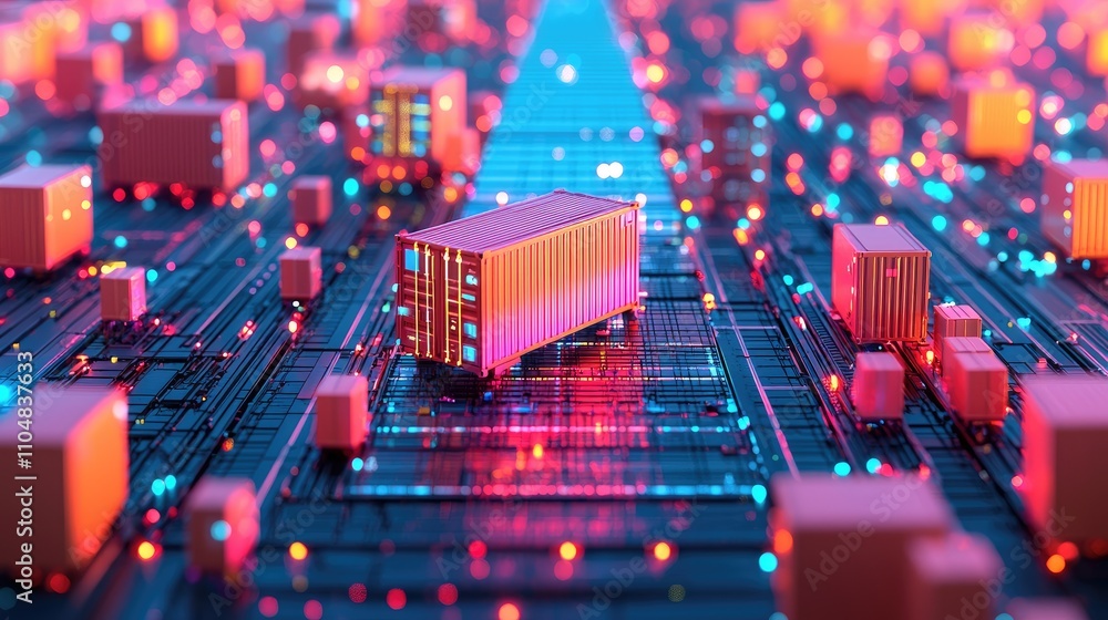 Poster a vibrant digital landscape featuring glowing containers on a circuit board, symbolizing technology 