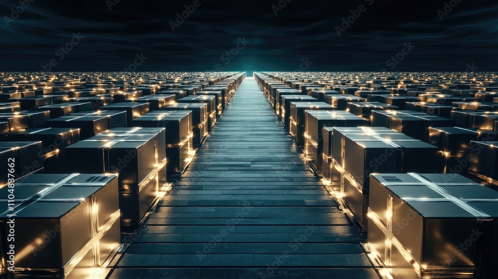 Poster a surreal landscape filled with illuminated boxes arranged in rows, leading towards a distant glowin