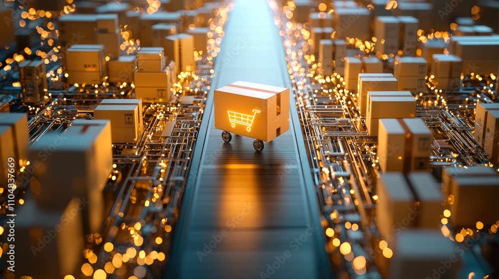 Poster a futuristic scene of a shopping cart navigating through a circuit-like landscape filled with glowin