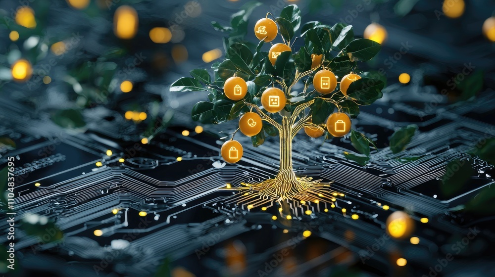 Poster a digital tree with glowing icons grows from a circuit board, symbolizing the fusion of technology a