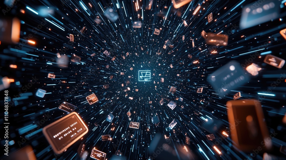 Poster a dynamic visual of floating digital cards in a dark space, suggesting a high-tech, futuristic theme