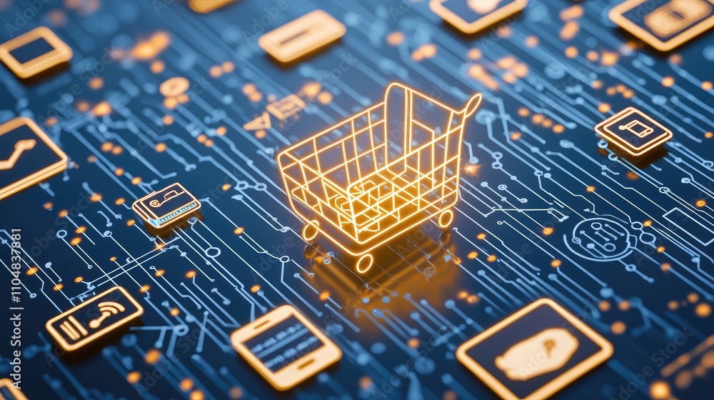 Poster a digital shopping cart icon shines against a circuit-like blue background filled with various app i