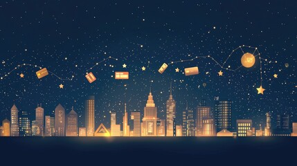 A vibrant city skyline at night, adorned with stars and celestial elements, creating a whimsical and festive atmosphere.