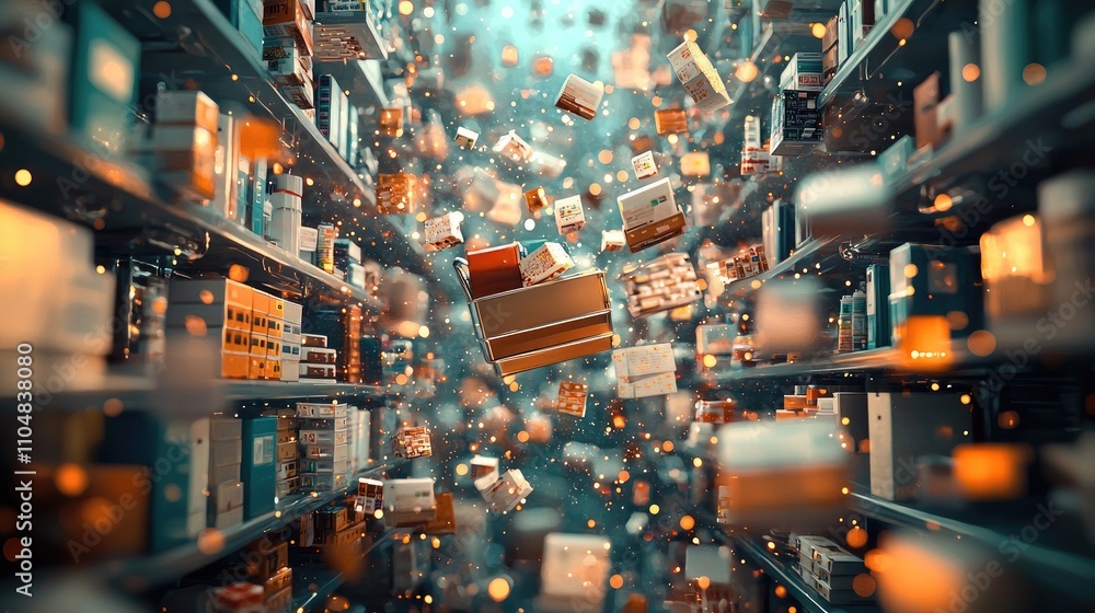 Poster a dynamic scene of floating boxes in a warehouse, showcasing an abstract representation of logistics