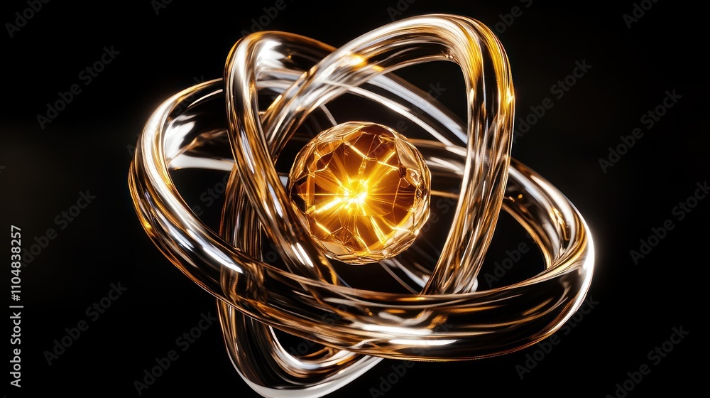 Aufkleber a stylized representation of an atom with glowing core and metallic orbits.
