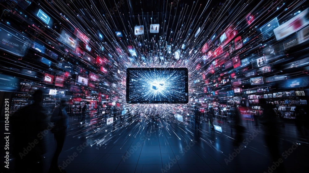 Poster a futuristic scene depicting a dynamic display of screens, surrounded by a burst of light and digita