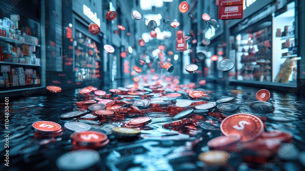 Poster a surreal scene of a flooded alley filled with colorful coins and vibrant storefronts, creating an i