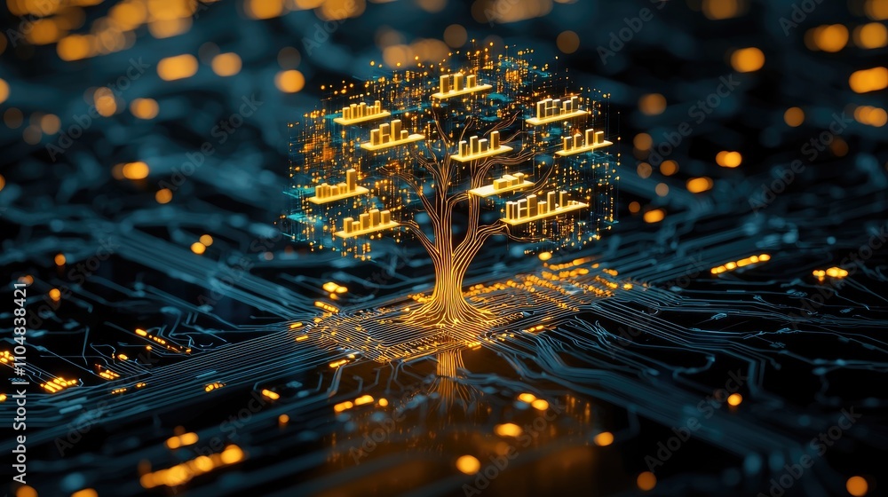 Poster a digital tree made of glowing circuits and lights, symbolizing the fusion of nature and technology.