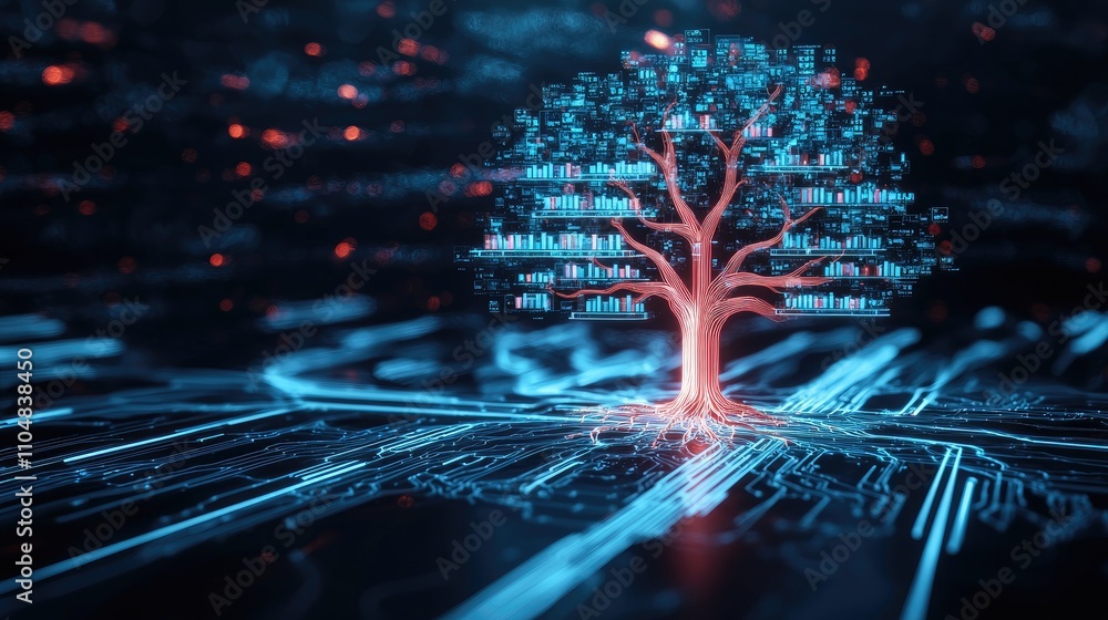 Poster a digital tree with glowing nodes on a circuit-like background, symbolizing the fusion of nature and