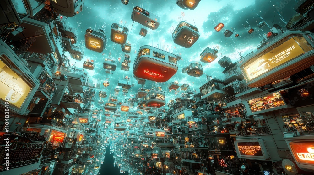Poster a surreal digital landscape filled with floating screens and vibrant colors, creating an immersive, 