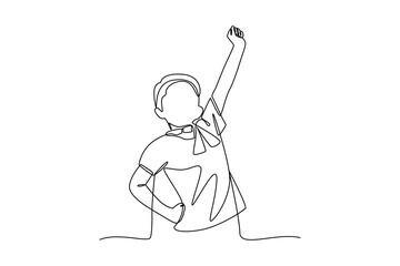 Simple continuous line drawing of a little boy becomes a hero. Hero in real life concept, Hero Pose.