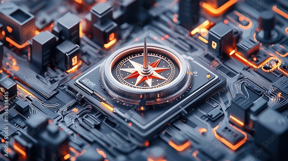 Poster a detailed close-up of a compass embedded in a circuit board, highlighting intricate electronic comp