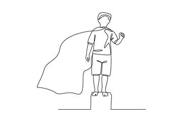 Simple continuous line drawing of a little boy becomes a hero. Hero in real life concept, Hero Pose.