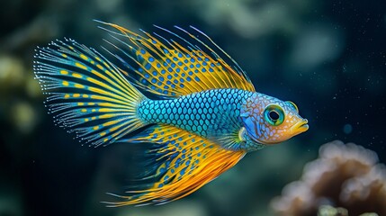 Obraz premium Stunning Peacock Fish with a Multicolored Tail Swims Gracefully Through the Ocean 
