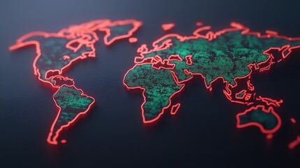 A digital map of the world outlined in red, with green binary code overlay, symbolizing technology and data connectivity.