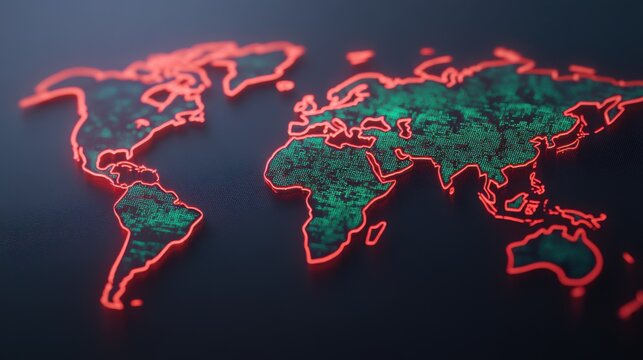 A digital map of the world outlined in red, with green binary code overlay, symbolizing technology and data connectivity. - Powered by Adobe