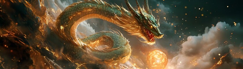 A majestic dragon soaring through mystical skies.