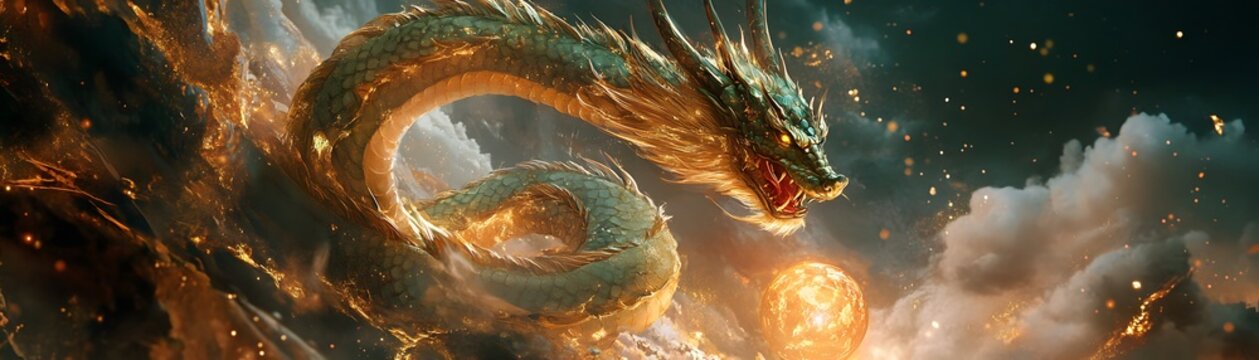 A majestic dragon soaring through mystical skies.