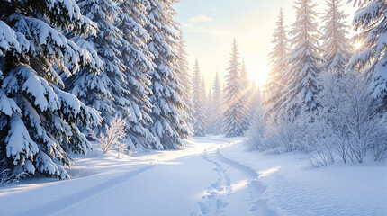 Obraz premium Snowy Forest Path at Sunrise