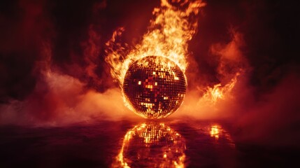 A flaming disco ball surrounded by smoke, creating a dramatic and vibrant atmosphere.