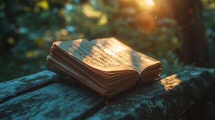 An open book resting on a wooden surface, illuminated by soft sunlight in a natural setting.