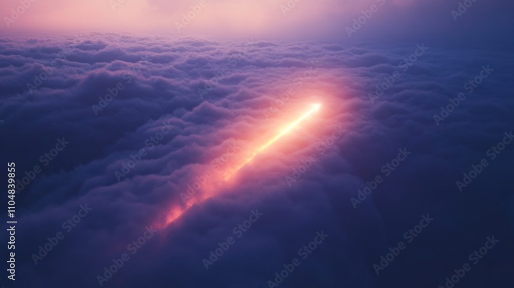 Poster a glowing streak of light piercing through a layer of clouds at dusk.