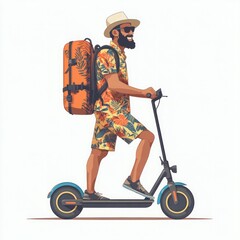 A man rides an electronic scooter with a large backpack on his back on a white background.