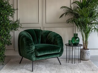 Obraz premium Luxurious emerald green velvet armchair in a stylish modern interior setting, complemented by a side table and potted plant.