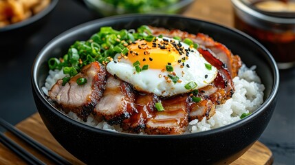 Delicious Char Siu Rice Bowl with Tender Pork, Crispy Egg, and Fresh Green Onions Served in a Black Bowl on a Wooden Surface Perfect for Food Lovers